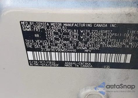 2013 Toyota Rav4 Le from USA, damaged, VIN 2T3BFREV9DW054446